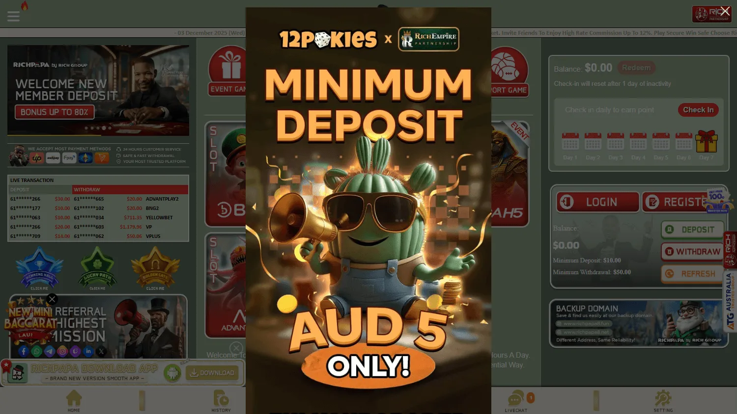 Rich Papa Casino home area with the welcome offer and account options