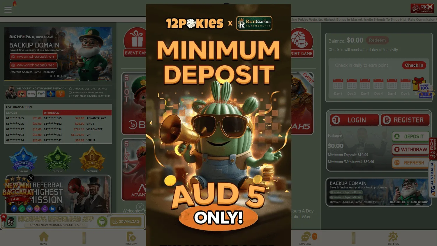 Rich Papa Casino game area with casino titles and game categories